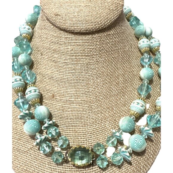 Vintage West Germany Statement Bead Necklace Blue Two Strand Retro Grannycore - Picture 4 of 6